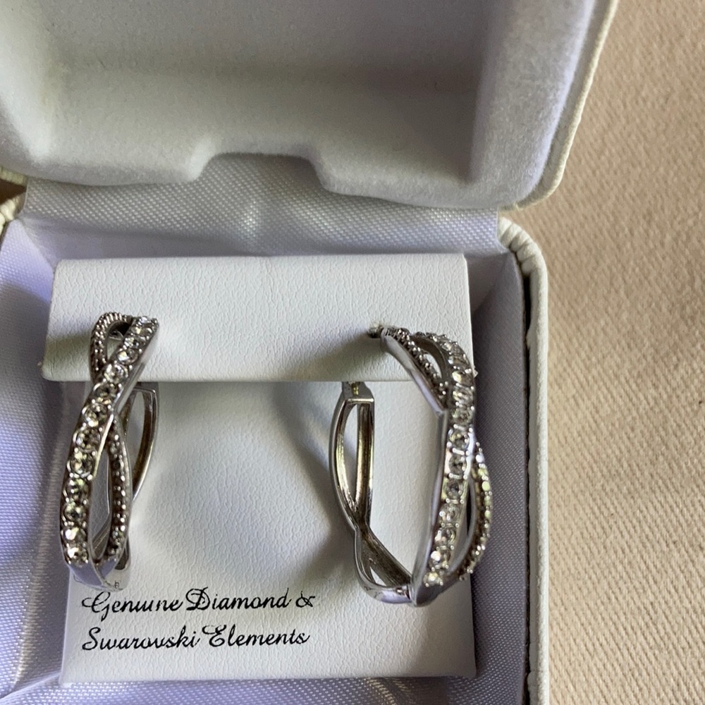 Diamond and Swarovski silver hoops
